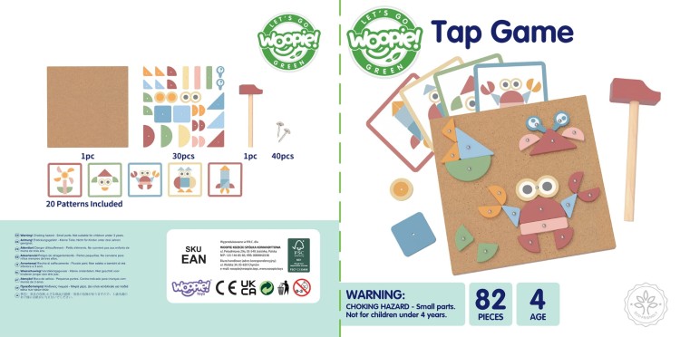 Drewniana Przybijanka z Młotkiem Układanka 20 Wzorów 82 el. | WOOPIE GREEN