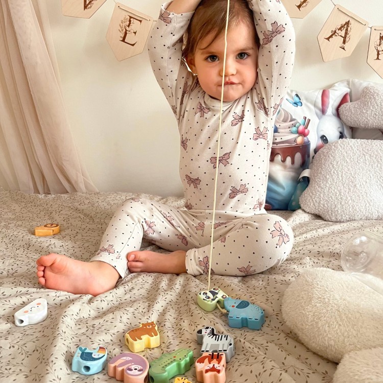 Drewniana Nawlekanka Klocki Przeplatanka ZOO Montessori 13 el.