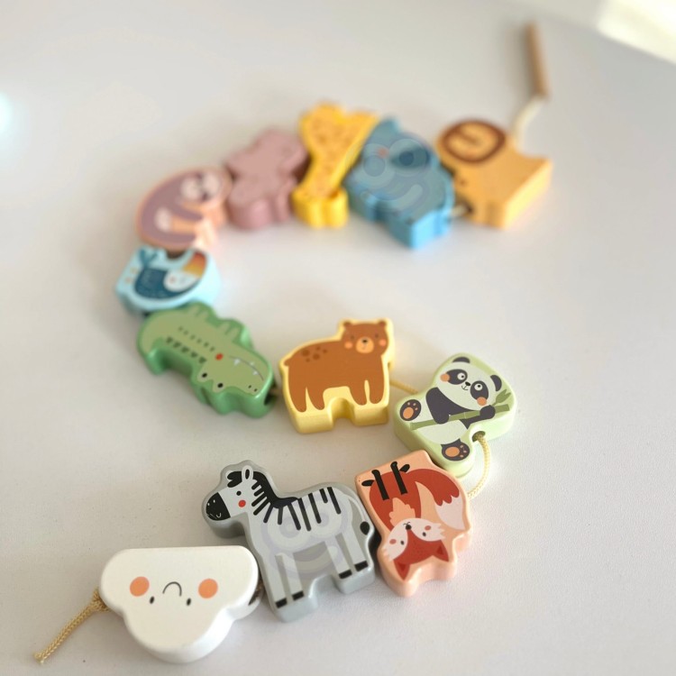 Drewniana Nawlekanka Klocki Przeplatanka ZOO Montessori 13 el.
