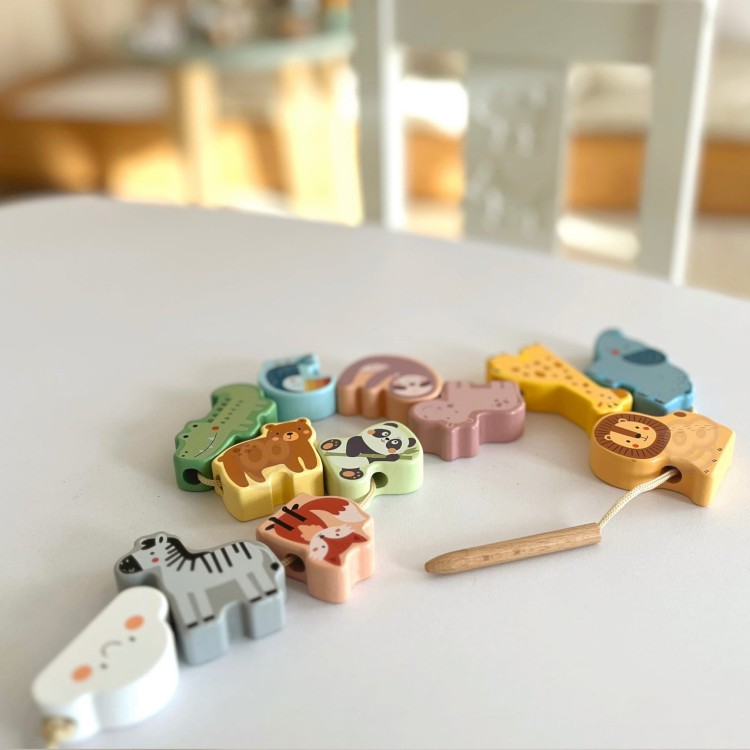 Drewniana Nawlekanka Klocki Przeplatanka ZOO Montessori 13 el.
