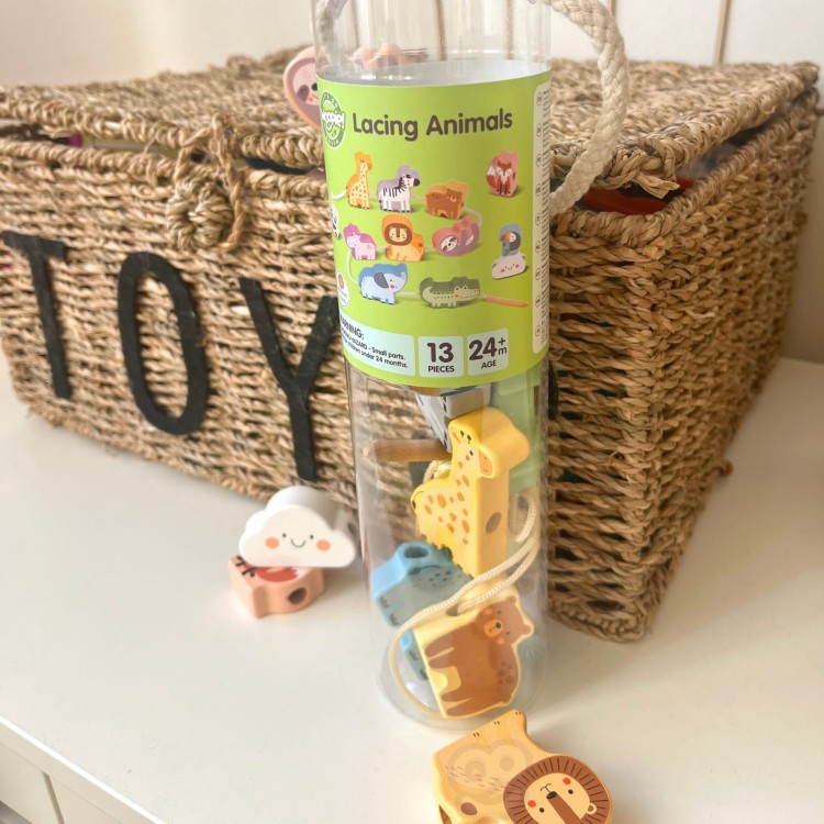 Drewniana Nawlekanka Klocki Przeplatanka ZOO Montessori 13 el.