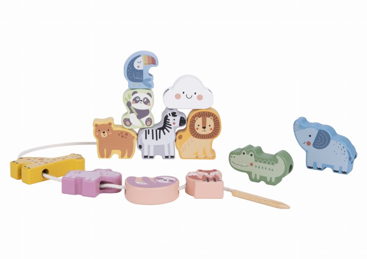 Drewniana Nawlekanka Klocki Przeplatanka ZOO Montessori 13 el.