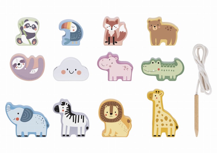 Drewniana Nawlekanka Klocki Przeplatanka ZOO Montessori 13 el.