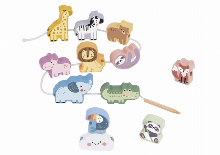 Drewniana Nawlekanka Klocki Przeplatanka ZOO Montessori 13 el.