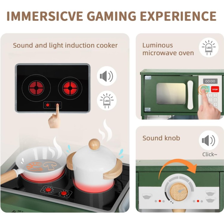 Drewniana Interaktywna Kuchnia 9w1 z Pralką i Tablicą – WOOPIE GREEN