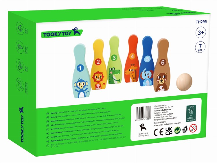 TOOKY TOY Drewniane Kręgle dla Dzieci 6 szt. + Piłka