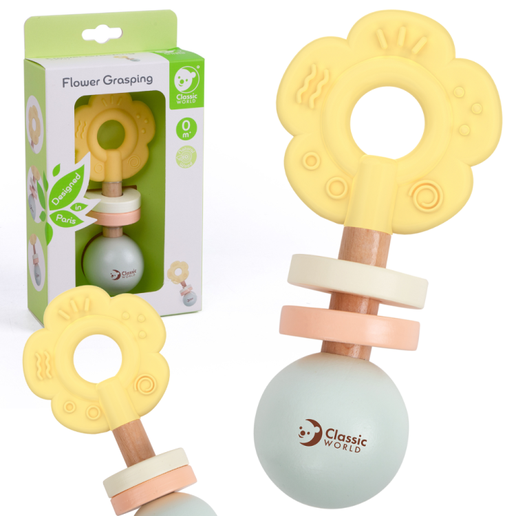 Drewniana Pastelowa Grzechotka Gryzak 2w1 Kwiatuszek 0+