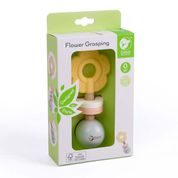 Drewniana Pastelowa Grzechotka Gryzak 2w1 Kwiatuszek 0+