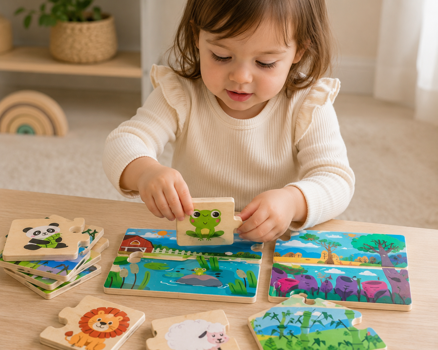 Dziecko układa drewniane puzzle logiczne VIGA ze zwierzętami – edukacyjna układanka Montessori rozwijająca logiczne myślenie