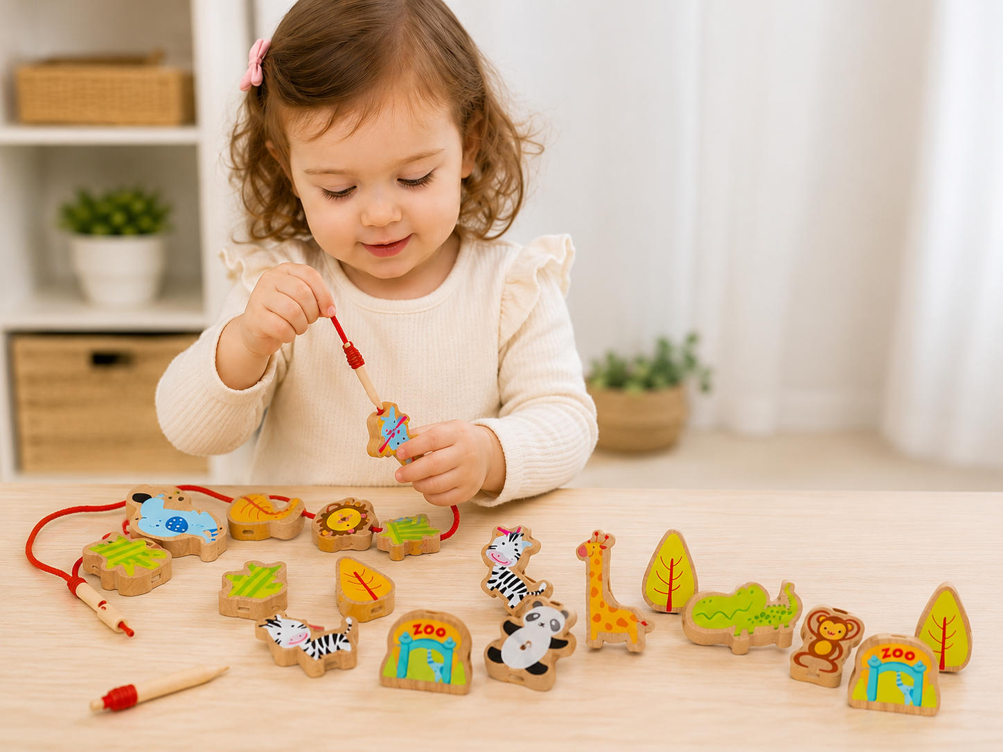 Dziecko nawleka drewniane klocki ZOO CLASSIC WORLD – sznurowanka Montessori rozwijająca motorykę małą
