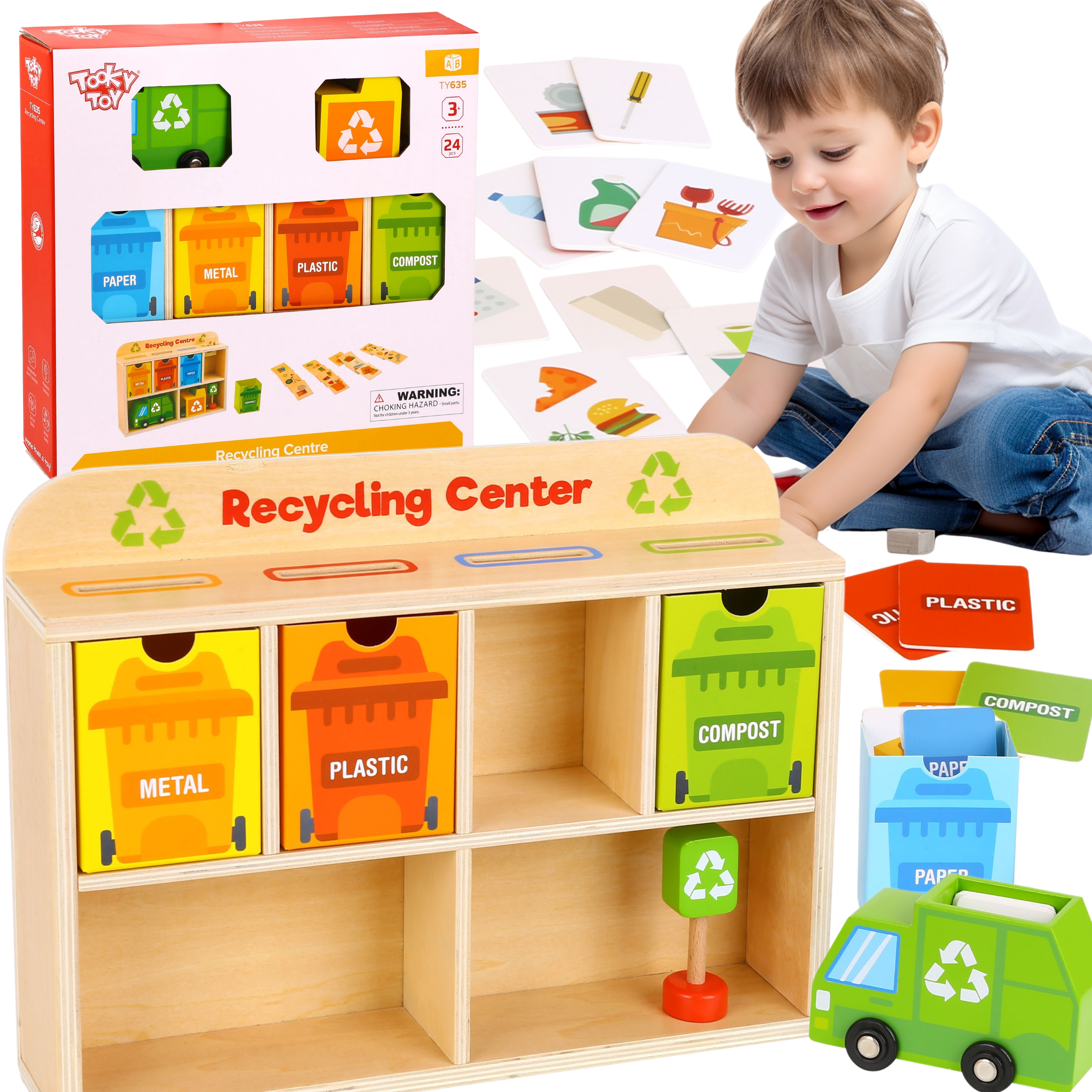 Chłopiec bawiący się drewnianym centrum recyklingu Montessori i uczący się segregacji odpadów podczas zabawy
