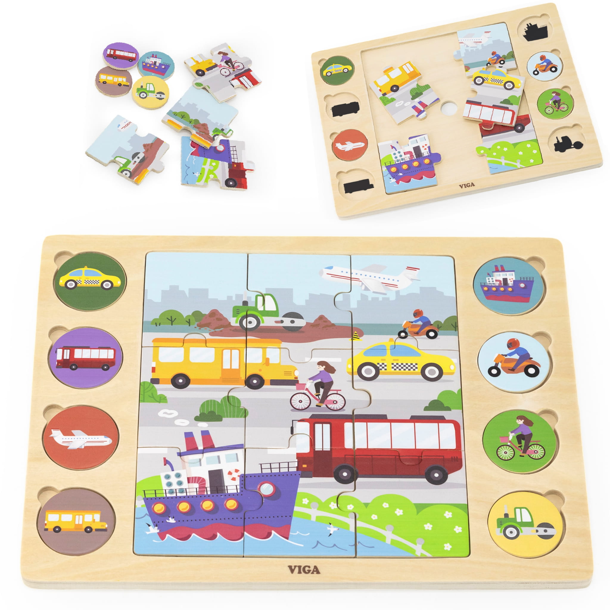 drewniane puzzle edukacyjne Odgadnij po Cieniu środki transportu Viga zestaw układanka Montessori 18m+