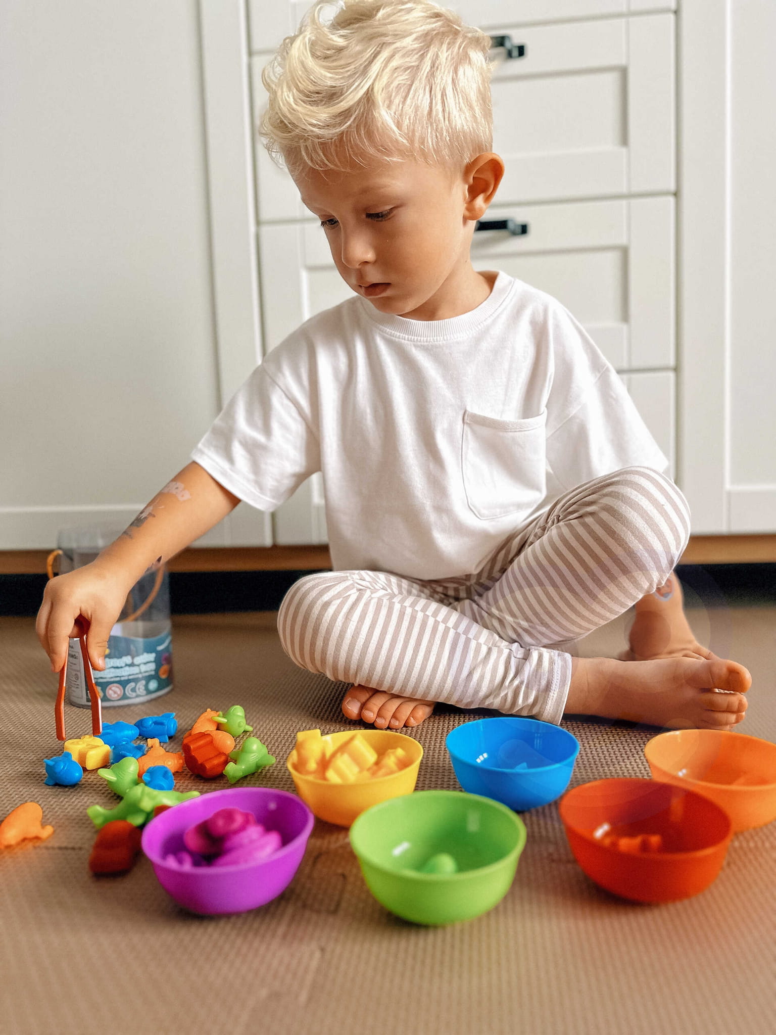 Dziecko bawiące się sorterem kolorów Montessori Dinozaury i dopasowujące elementy do kolorowych miseczek